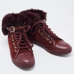 Louis Vuitton Burgundy Suede, Leather and Fur High Top Sneakers Size 38.5 