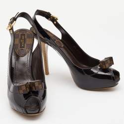 Pre Owned Louis Vuitton Black Patent Leather Vernis Dice Peep Toe Slingback  Pumps Size 38