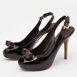 Pre Owned Louis Vuitton Black Patent Leather Vernis Dice Peep Toe Slingback  Pumps Size 38