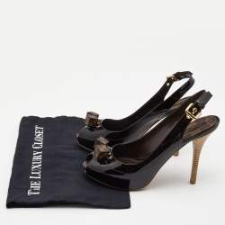 Pre Owned Louis Vuitton Black Patent Leather Vernis Dice Peep Toe Slingback  Pumps Size 38