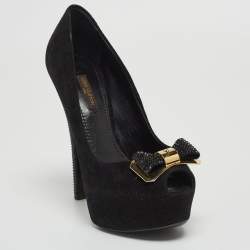 Pre Owned Louis Vuitton Black Suede Bow Peep Toe Platform Pumps Size 36