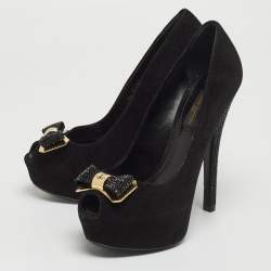 Pre Owned Louis Vuitton Black Suede Bow Peep Toe Platform Pumps Size 36