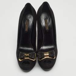 Pre Owned Louis Vuitton Black Suede Bow Peep Toe Platform Pumps Size 36