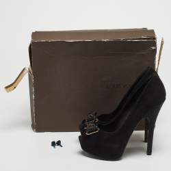 Pre Owned Louis Vuitton Black Suede Bow Peep Toe Platform Pumps Size 36