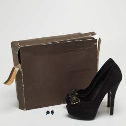 Pre Owned Louis Vuitton Black Suede Bow Peep Toe Platform Pumps Size 36