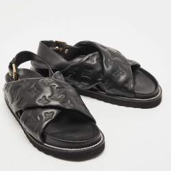 Pre Owned Louis Vuitton Black Monogram Embossed Leather Paseo Flat Sandals Size 39