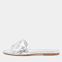Pre Owned Louis Vuitton Silver Monogram Embossed Leather Revival Flat Slides Size 39