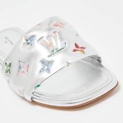 Pre Owned Louis Vuitton Silver Monogram Embossed Leather Revival Flat Slides Size 39
