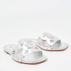 Pre Owned Louis Vuitton Silver Monogram Embossed Leather Revival Flat Slides Size 39