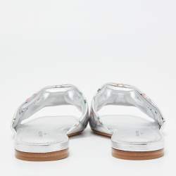 Pre Owned Louis Vuitton Silver Monogram Embossed Leather Revival Flat Slides Size 39
