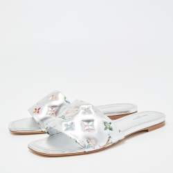 Pre Owned Louis Vuitton Silver Monogram Embossed Leather Revival Flat Slides Size 39