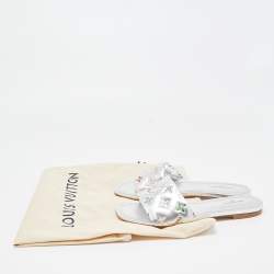 Pre Owned Louis Vuitton Silver Monogram Embossed Leather Revival Flat Slides Size 39