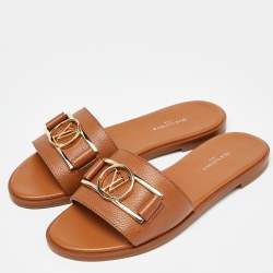 Pre Owned Louis Vuitton Cognac Leather Lock It Flat  Sandals Size 36