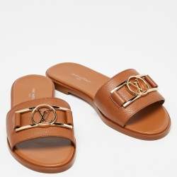 Pre Owned Louis Vuitton Cognac Leather Lock It Flat  Sandals Size 36