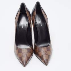 Pre Owned Louis Vuitton Brown Damier Ebene and Vernis Leather Cherie Pumps Size 38