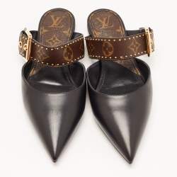 Louis Vuitton Black/Brown Monogram Canvas and Leather Buckle Mules Size 38 
