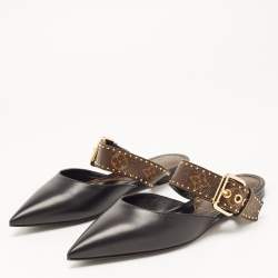 Louis Vuitton Black/Brown Monogram Canvas and Leather Buckle Mules Size 38 