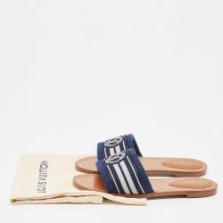Louis Vuitton Navy Blue Canvas Lock It Flat Slides Size 39
