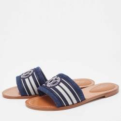 Louis Vuitton Navy Blue Canvas Lock It Flat Slides Size 39