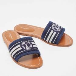 Louis Vuitton Navy Blue Canvas Lock It Flat Slides Size 39