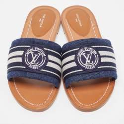 Louis Vuitton Navy Blue Canvas Lock It Flat Slides Size 39