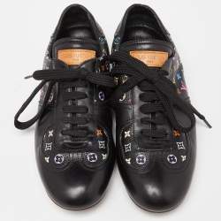 Pre Owned Louis Vuitton Black Leather and Monogram Canvas Low Top Sneakers Size 36