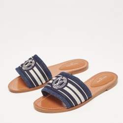 Pre Owned Louis Vuitton Navy Blue/White Canvas Lock It Flat Slides Size 37