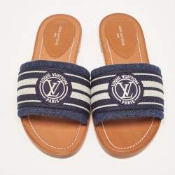 Pre Owned Louis Vuitton Navy Blue/White Canvas Lock It Flat Slides Size 37