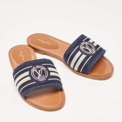 Pre Owned Louis Vuitton Navy Blue/White Canvas Lock It Flat Slides Size 37