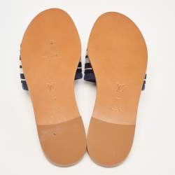 Pre Owned Louis Vuitton Navy Blue/White Canvas Lock It Flat Slides Size 37