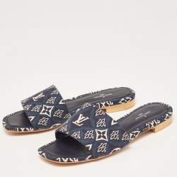 Pre Owned Louis Vuitton Navy Blue Denim Flat Slides Size 36
