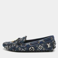 Louis Vuitton Navy Blue Leather and Denim Gloria  Loafers Size 36