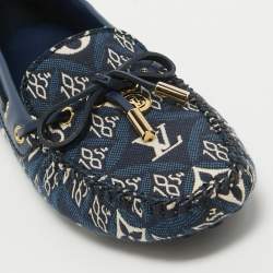 Louis Vuitton Navy Blue Leather and Denim Gloria  Loafers Size 36