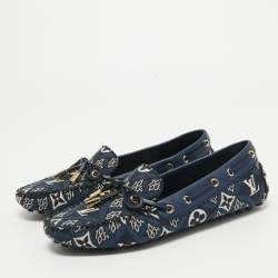 Louis Vuitton Navy Blue Leather and Denim Gloria  Loafers Size 36