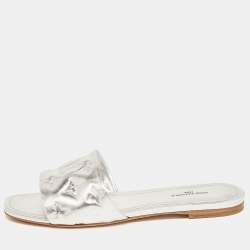 Louis Vuitton Silver Monogram Embossed Leather Revival Flat Slides Size 38
