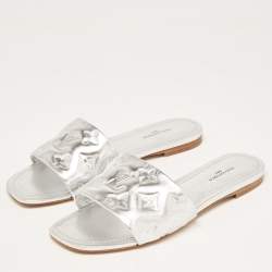 Louis Vuitton Silver Monogram Embossed Leather Revival Flat Slides Size 38