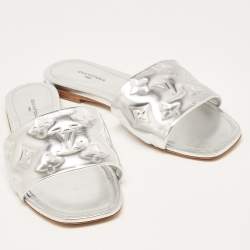 Louis Vuitton Silver Monogram Embossed Leather Revival Flat Slides Size 38