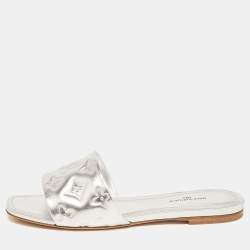 Louis Vuitton Silver Monogram Embossed Leather Revival Flat Slides Size 37
