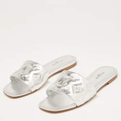 Louis Vuitton Silver Monogram Embossed Leather Revival Flat Slides Size 37