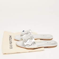 Louis Vuitton Silver Monogram Embossed Leather Revival Flat Slides Size 37