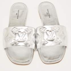 Louis Vuitton Silver Monogram Embossed Leather Revival Flat Slides Size 37