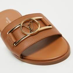 Louis Vuitton Tan Leather Lock It Flat Slides Size 36