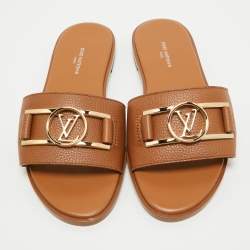 Louis Vuitton Tan Leather Lock It Flat Slides Size 36