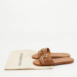 Louis Vuitton Tan Leather Lock It Flat Slides Size 36