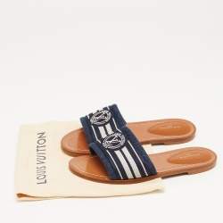 Louis Vuitton Navy Blue/White Canvas Lock It Flat Slides Size 37