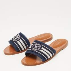 Louis Vuitton Navy Blue/White Canvas Lock It Flat Slides Size 37