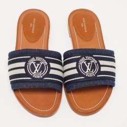 Louis Vuitton Navy Blue/White Canvas Lock It Flat Slides Size 37