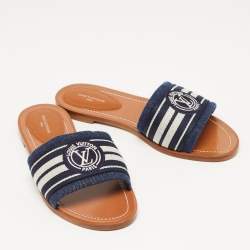 Louis Vuitton Navy Blue/White Canvas Lock It Flat Slides Size 37