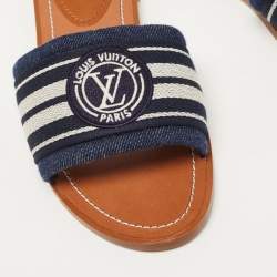 Louis Vuitton Navy Blue/White Canvas Lock It Flat Slides Size 37