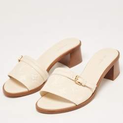 Pre Owned Louis Vuitton Cream Monogram Leather Slide Sandals Size 38